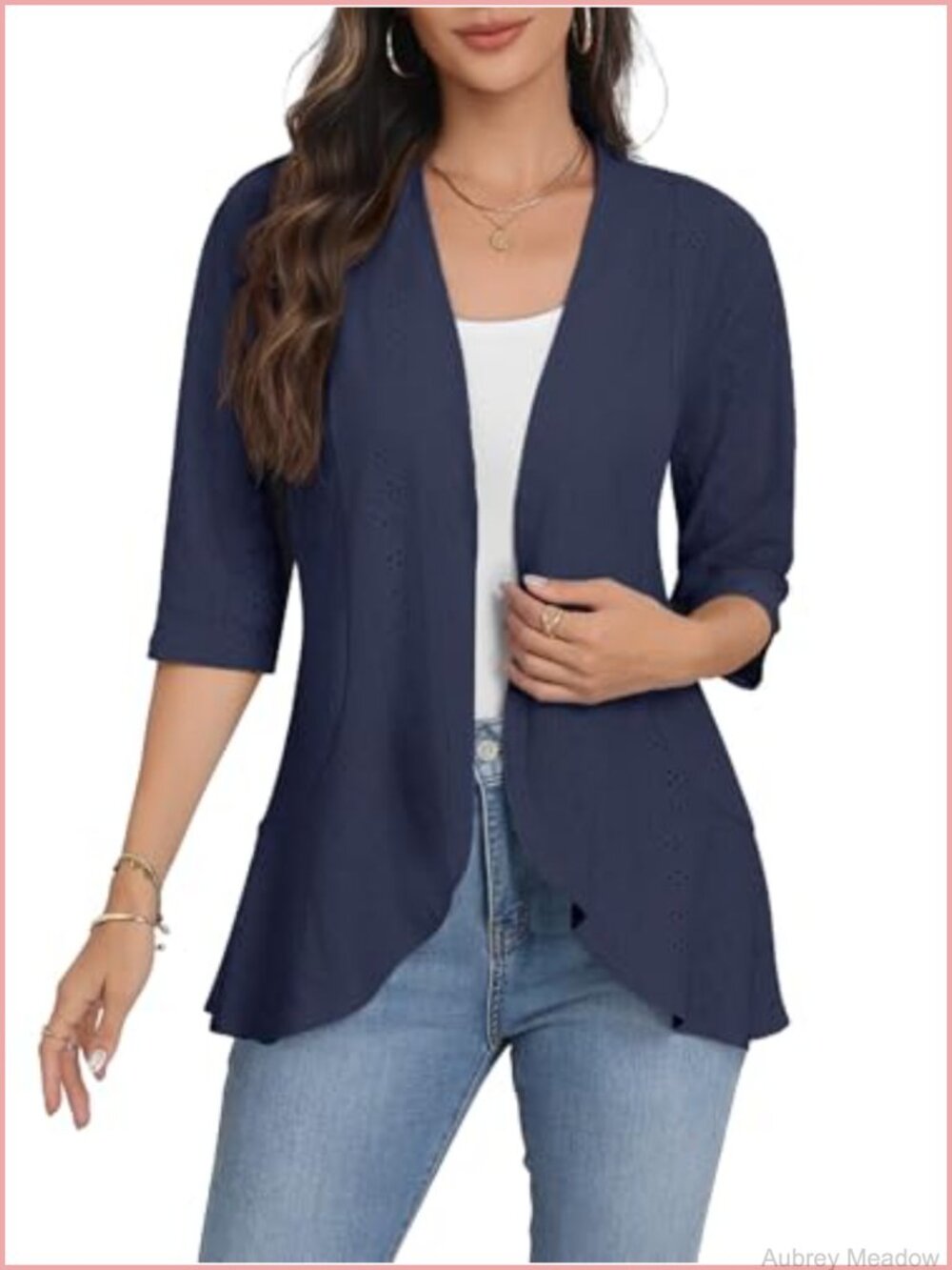 Women's Open Front Cardigan 3/4 Sleeve Lightweight Netted Knit Ruffled Kimono